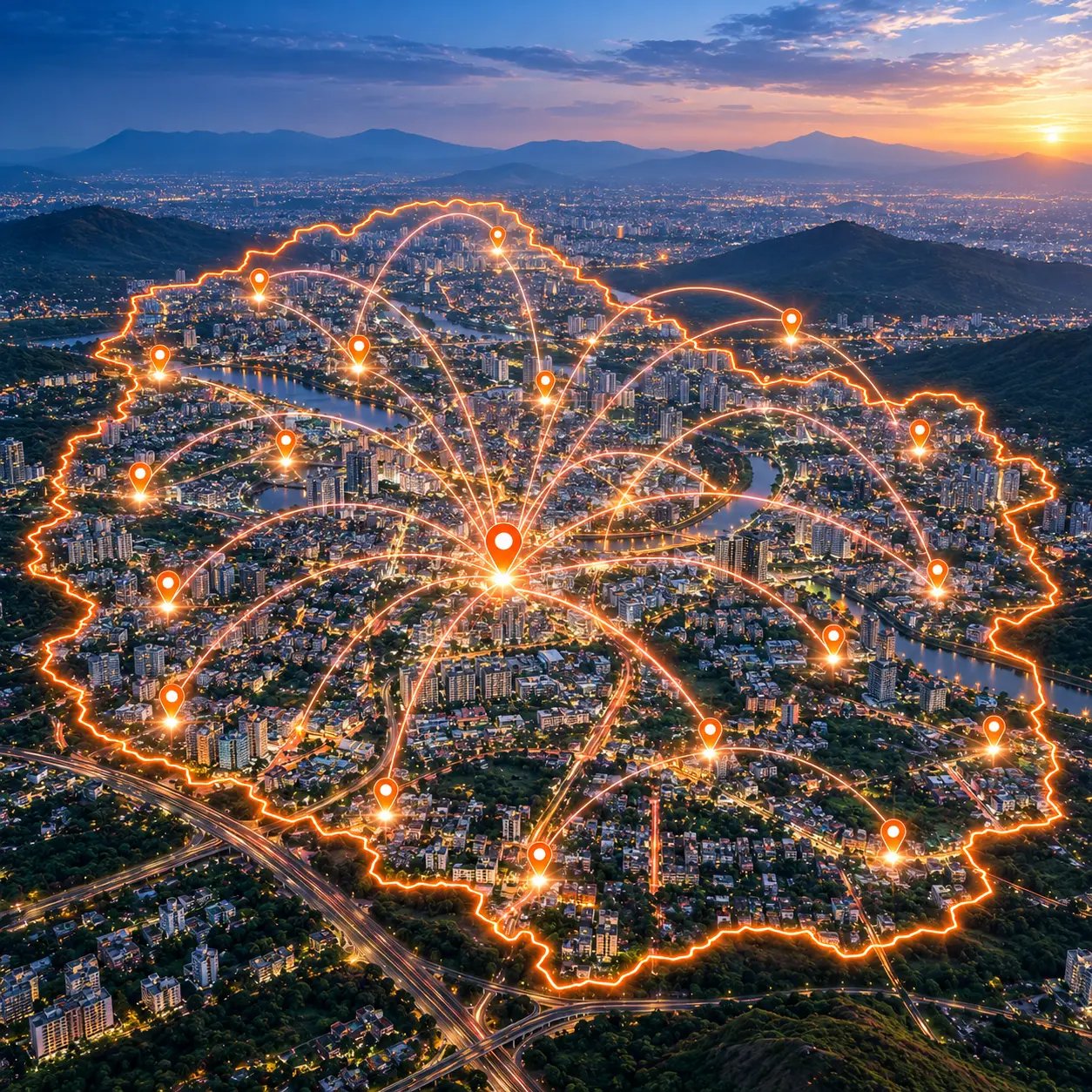 Stylized night view of Pune with glowing orange network pins marking Rudranshi Ventures' service areas